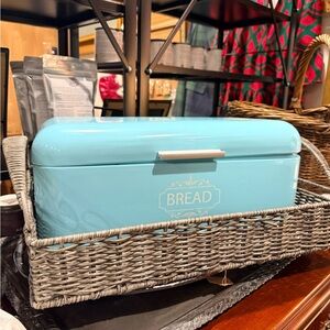Blue Bread Box with Wicker Basket